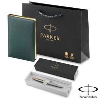 195331_2805182 Набор Parker (Паркер) Jotter Stainless Steel GT из шариковой ручки и ежедневника зеленого цвета
